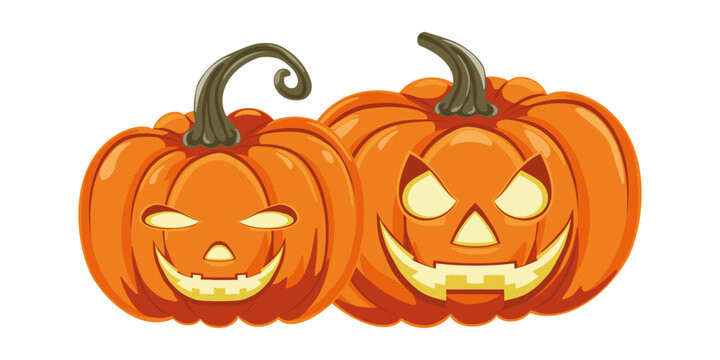 Two jack o lantern pumpkins with faces on them. Halloween pumpkin. Design element for Halloween, Thanksgiving, harvest festival. Diet vegetable. Vector illustration.