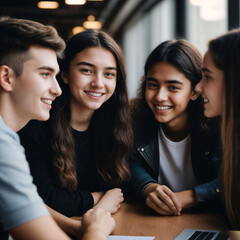 group of happy young teenage at the working office space, generative AI