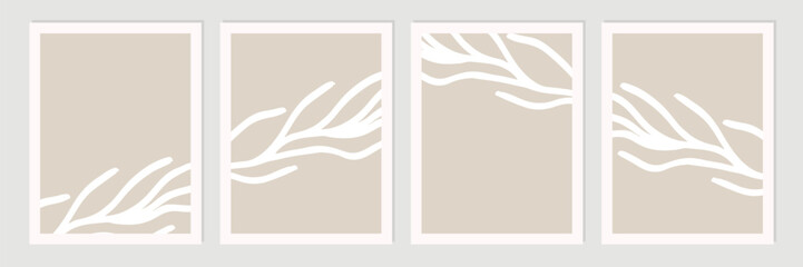 Aufkleber - Set of abstract organic shapes, leaves, lines and textures in white on neutral nude and beige background. 
Pattern in minimalist style. Modern contemporary art in white. Vector illustration.