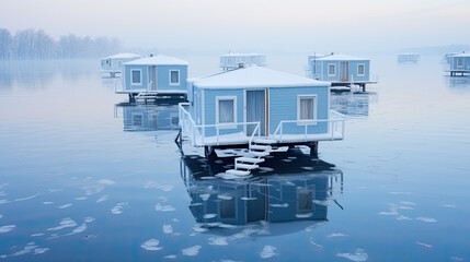 Wall Mural - frozen cottages in winter on a lake early in the morning in winter.