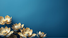 Composition Of Golden Artificial Lotuses On A Blue Background