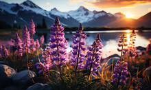 Natural Landscape, Lupine Flowers Against The Backdrop Of Mountains.