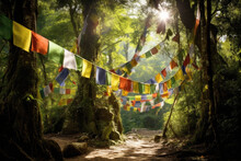 Tibetan Prayer Flags On The Trees In The Forest