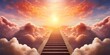 Stairway leading up to bright sky among clouds to radiant sun with heavenly light 3d render marble steps concept freedom of spirit, love, religious symbol paradise Generative ai