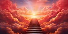 Staircase Leading Up To Sky Among Red Clouds To Radiant Sun With Heavenly Light 3d Render Steps Concept Freedom Of Spirit, Love, Religious Symbol Paradise Generative AI