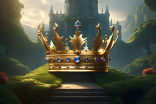 Big Golden Crown On The Mountain With Big House Background Created With Generative Ai