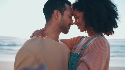 Poster - Beach, dance and couple with love, marriage and smile with relationship, adventure or vacation. Ocean, man or woman with energy, seaside holiday or romance on a tropical island getaway or anniversary