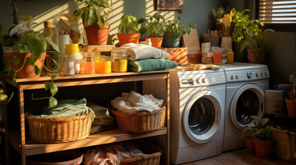 Wall Mural - Interior of home laundry room with modern washing machine and plenty of clean and dirty laundry