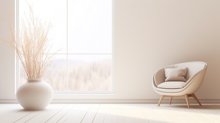 Poster - modern white armchair, with dry grass in a vase, sunlight from the window, blank wall mockup, scandinavian style interior decoration, frame, copy space