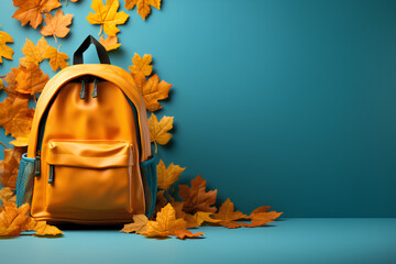 
school backpack on a bright background. copy space. creative idea back to school concept in autumn style. ai generative
