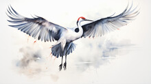 Watercolor Flying Crane Bird. Inspired By Japan Crane