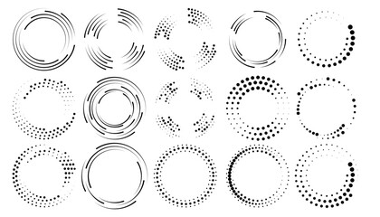 Set of halftone round dotted frames. Design element for frame, logo, web pages, prints, posters, template.