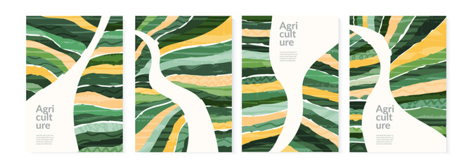 Wall Mural - Abstract agriculture field landscape vector illustration. Agro farm valley background. Green ecology pattern with texture. Set of eco card, poster, brochure or flyer. Simple rural countryside view