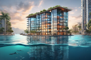 three tall glass building in water with 50 apartments between two buildings created with generative Ai