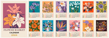 Floral Calendar Template For 2024. Vertical Design With Abstract Flower Market Poster Designs. Vector Illustration Page Template A3, A2 For Printable Wall Monthly Calendar. Week Starts On Sunday.