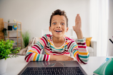 Sticker - Webcam picture of young cute son schoolboy please let him answer question first hand up video call laptop isolated on flat background