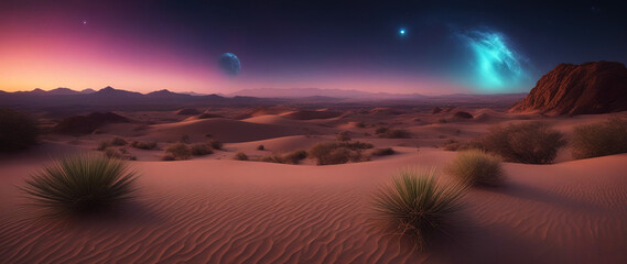 Wall Mural - Wide angle shot of a NIght in desert. Fantastic alien Landscape. Starnge night sky. Golden dunes. Panorama of a another world. Futuristic wallpaper.