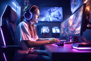 Portrait of a gamer girl with headphones and microphone playing online video games on her personal computer. Esport online gaming technology concept with warm LED neon lights in the room. 