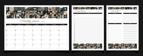 Wall Mural - Planners set geometry. Monthly, habit tracker, to do list planners. Planners printable template with geometric shapes. Blank white notebook page A4. Vector illustration.