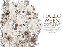 Vector Template Of Halloween Invitation With Different Ghosts In Flowers In Engraving Style. Ghost With A Book, With A Lamp, With A Bouquet, With A Candy, With Halloween Pumpkin, Ghost Cat