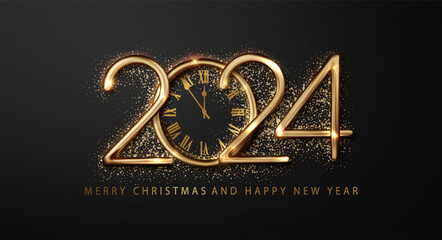 Wall Mural - 2024 clock and fireworks create luxurious, dark backdrop to welcome happy new year. striking christm