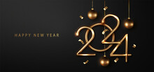 2024 New Year Elegant Card Design Featuring Gold And Black With Golden Balloons, Confetti, And Ribbons. Ideal For Holiday Greetings, Invitations, And Christmas Celebrations.