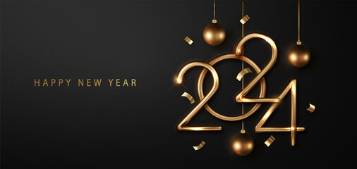 Wall Mural - 2024 new year elegant card design featuring gold and black with golden balloons, confetti, and ribbo