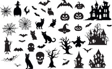 Set Of Silhouettes For Halloween Design On White Background Simple Detailed Traced