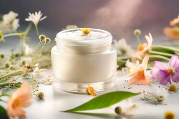 Open glass jar with natural face and body cream scattered flowers and herbs. Wellness spa rejuvenation bio eco cosmetics concept