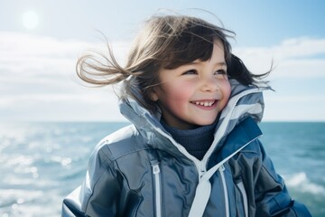 Wall Mural - Portrait of a cute little girl in a blue jacket on the beach