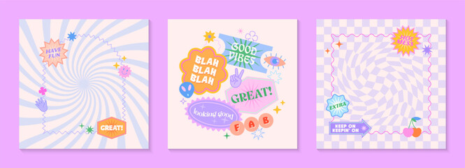 Wall Mural - Vector templates with patches and stickers in 90s style.Modern emblems in y2k aesthetic chess and spiral backgrounds.Trendy funky designs for banners,social media marketing,branding,packaging,covers