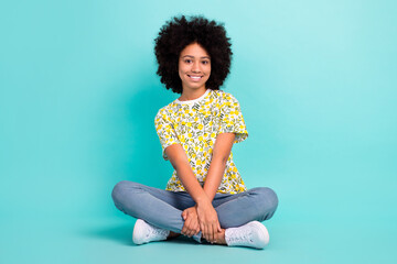 Sticker - Photo of cheerful lovely girl wear trendy clothes enjoy free time relax rest summer holidays weekend isolated on cyan color background