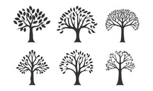 Set Of 6 Black Tree Silhouettes. Vector Illustration Isolated On White Background