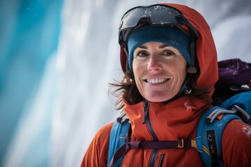 Poster - Portrait of happy woman with snowboard and helmet in mountains.