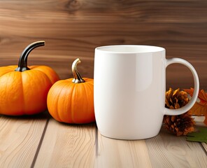 Wall Mural - Mug with pumpkins fall mockup. White coffee cup mock up. Blank mug printing design template. Autumn, halloween and thanksgiving concept.