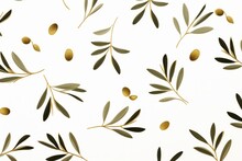 Olive Seed And Olive Leaves Pattern On White Background