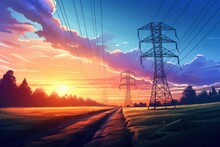 Power Lines Sunset Anime Visual Novel Game. Generate Ai