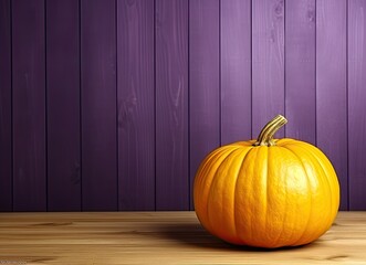 Wall Mural - One fresh harvest farm yellow orange pumpkin with unusual funny curvy shape form on wooden shelf furniture box, with copy space for text, Halloween Thanksgiving concept, closeup.