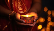 Close Up Hands Beautiful Indian Girl Near Candle During Diwali In India.