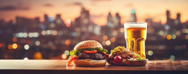 Wall Mural - Burger and glass of beer on table with big city in background.