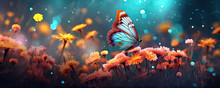 Mystical Beautiful Butterfly In A Magical Flower Field. Butterfly Fly Over Flowers Meadow.