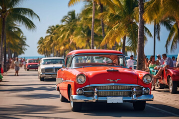 Vintage car parade in a lively beach town - Generative AI