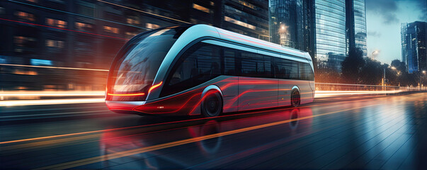 Wall Mural - Scifi or futuristic bus in motion in evening city.