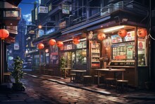 Asian Shop Street Lamps Anime Visual Novel Game. Generate Ai