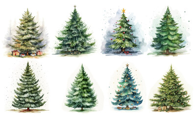set of cute watercolor christmas tree vector