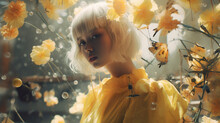 Young Woman With White Hair In Yellow Flower Dress With Nature And Flower Themes Around Her, Golden Vibes 