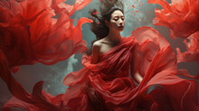 Illustration Of Dancing Woman With Dark Hair In Red Flowing Dress