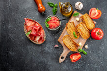Spanish Breakfast With Toast Of Bread With Oil And Tomato. Banner, Menu, Recipe Place For Text, Top View