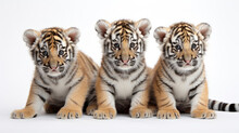 Group Of Cute Tiger Cubs On A White Background