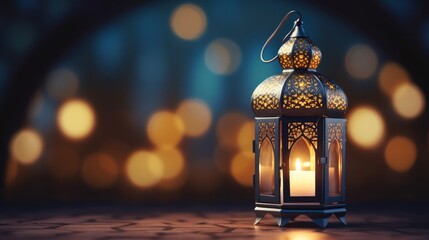 Wall Mural - Ornamental Arabic lantern with burning candle glowing at night mosque background. Festive greeting card, invitation for Muslim holy month Ramadan Kareem.